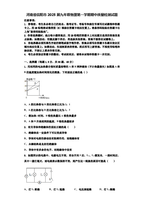 河南省信阳市2025届九年级物理第一学期期中质量检测试题含解析