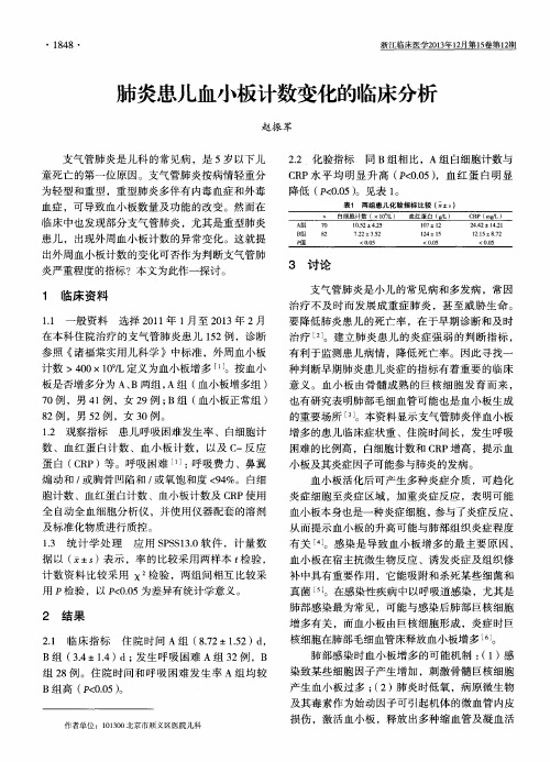 肺炎患儿血小板计数变化的临床分析