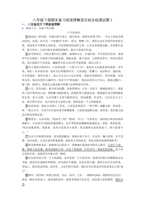 八年级下册期末复习阅读理解语文综合检测试题1