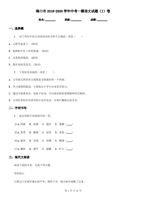 海口市2019-2020学年中考一模语文试题(I)卷