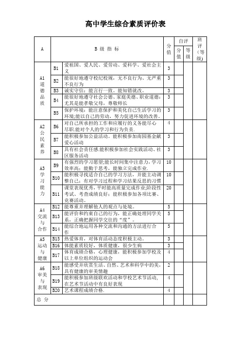 高中学生综合素质评价表