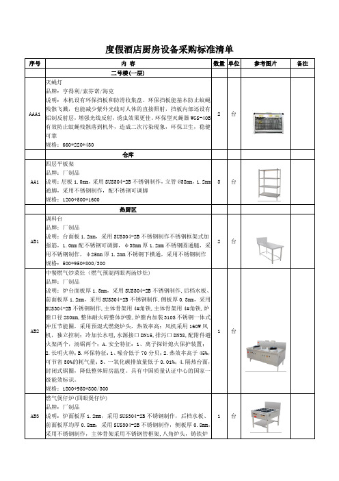 度假酒店厨房设备采购标准清单