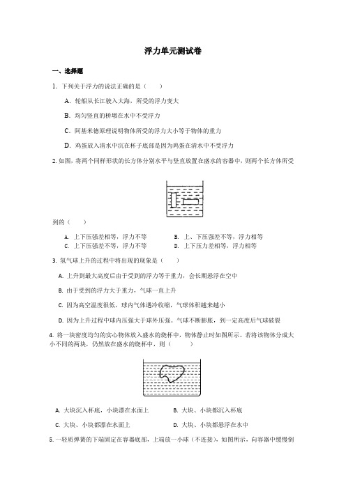 人教版物理八年级下册第十章浮力单元测试(无答案)