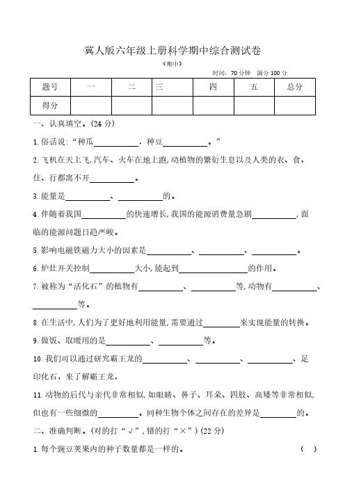 2024冀人版六年级上册科学期中综合测试卷(含答案)