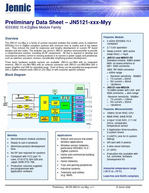 JN5121-xxx-Myy IEEE802.15.4 ZigBee模块系列初步数据手册说明书