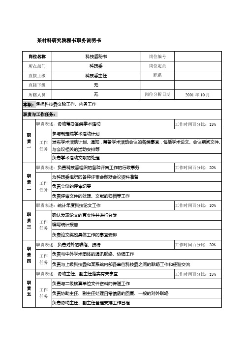 某材料研究院秘书职务说明书