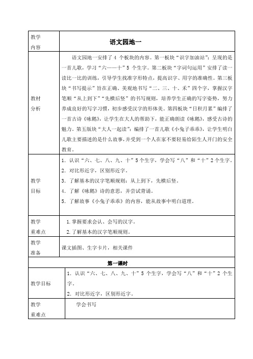 部编版一年级语文上册《语文园地一》教学设计、学案教案、备课反思