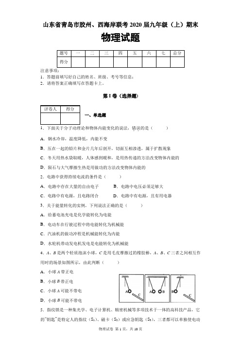 山东省青岛市胶州、西海岸联考2019-2020学年九年级(上)期末物理试题及答案解析