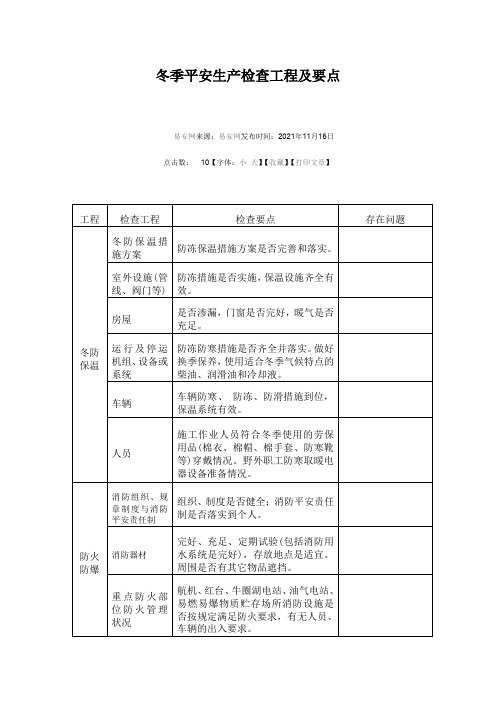 冬季安全生产检查项目及要点