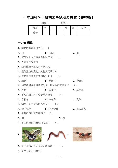 一年级科学上册期末考试卷及答案【完整版】