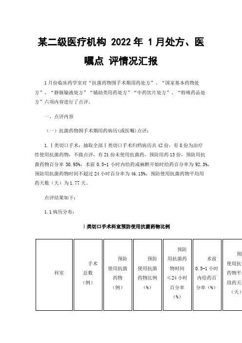 某二级医疗机构2022年1月处方、医嘱点评情况汇报