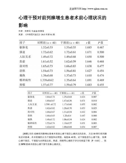 心理干预对前列腺增生患者术前心理状况的影响