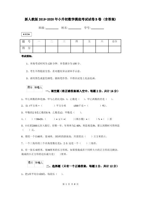 新人教版2019-2020年小升初数学摸底考试试卷B卷 (含答案)