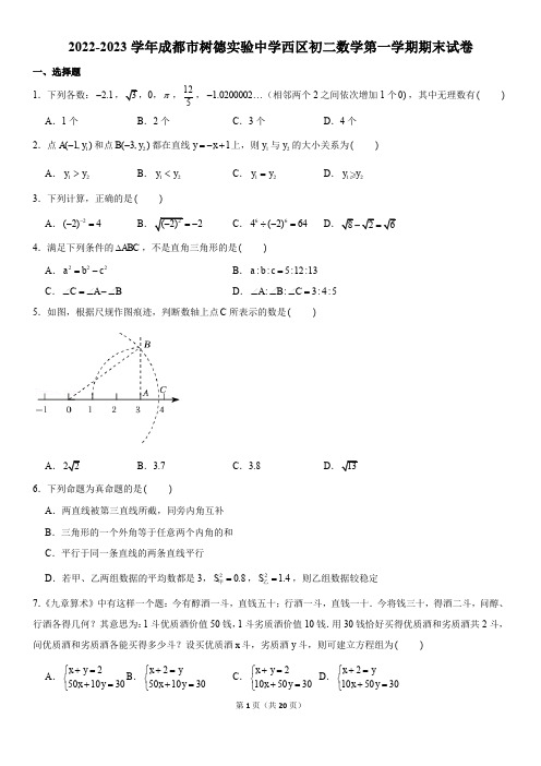 2022-2023学年四川省成都市树德实验中学西区八年级上学期期末数学试卷及参考答案