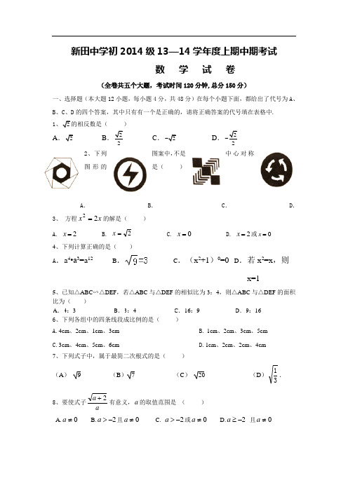 华师版重庆市万州新田中学2014届九年级上期中考试数学试题