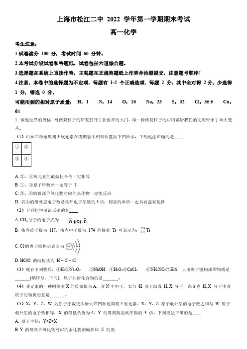 2022-2023学年上海市松江二中高一上学期期末考试化学试卷含详解