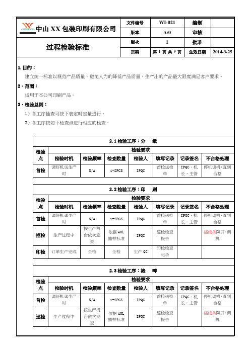 印刷行业 ISO9001 2015 作业指导书 EI-021过程检验标准