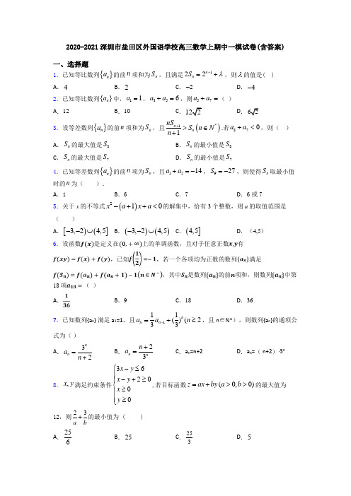 2020-2021深圳市盐田区外国语学校高三数学上期中一模试卷(含答案)