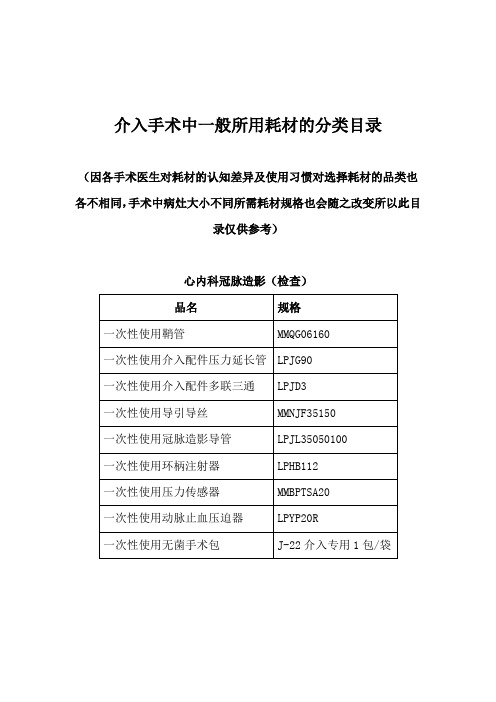 介入手术中所用耗材的分类目录(心内科冠脉造影及支架术)