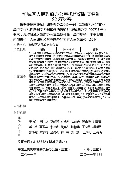 潍城区人民政府办公室机构编制实名制