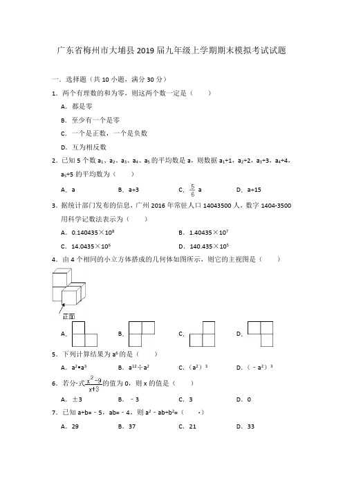 广东省梅州市大埔县2019届九年级上学期期末模拟考试数学试题