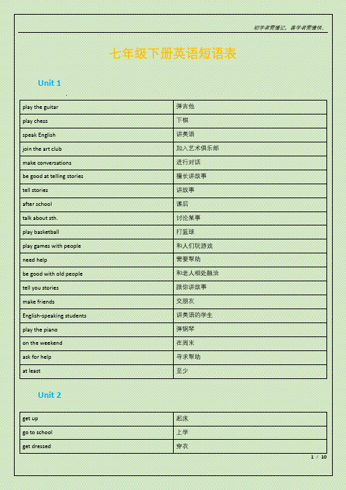 七年级下册英语短语表