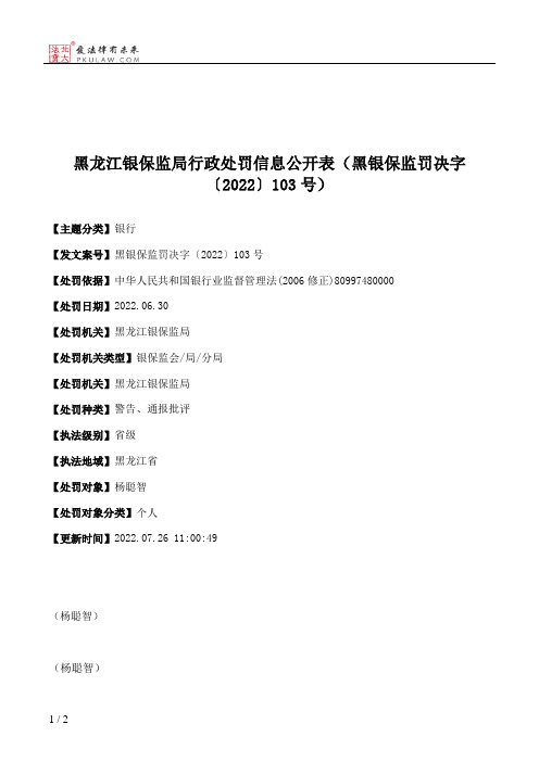 黑龙江银保监局行政处罚信息公开表（黑银保监罚决字〔2022〕103号）