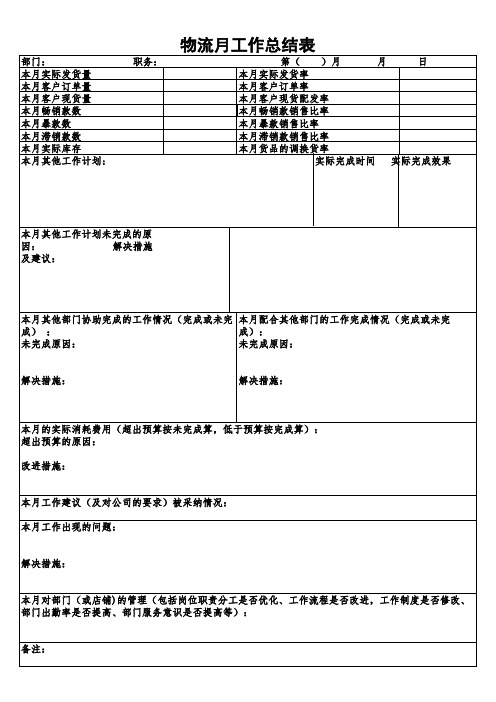 物流部月工作总结表模板