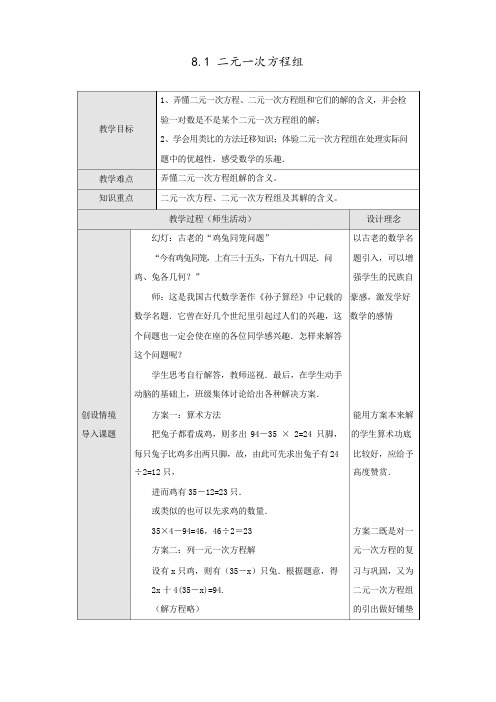 人教版七年级数学下册《二元一次方程组》表格式教学设计