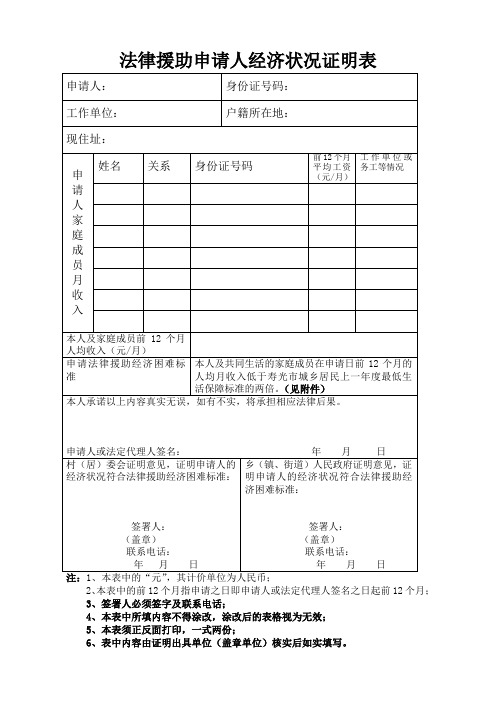 法律援助申请人经济状况证明表