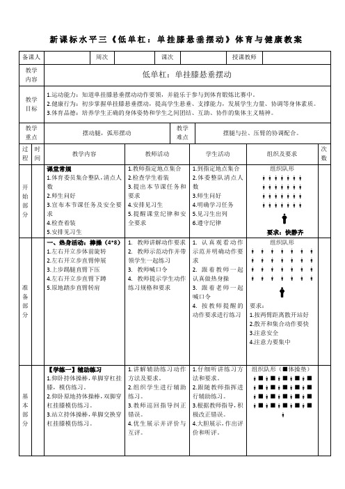 体育与健康水平三《低单杠：单挂膝悬垂摆动》教学设计  18