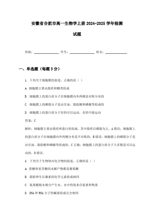 安徽省合肥市高一生物学上册2024-2025学年检测试题及答案