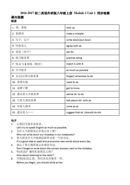 2016-2017初二英语外研版八年级上册 Module 1 Unit 1 同步检测 教师版 含答案