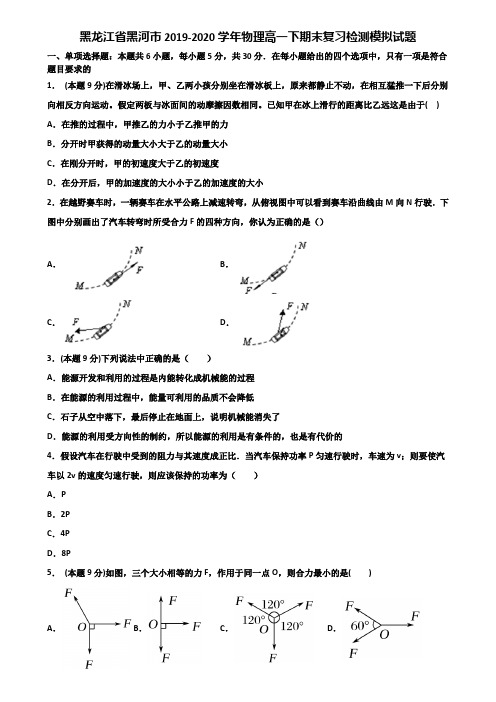 黑龙江省黑河市2019-2020学年物理高一下期末复习检测模拟试题含解析