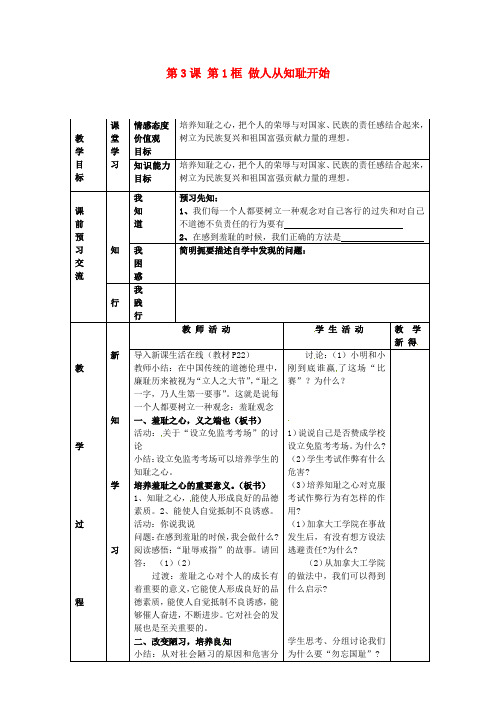 江苏省大丰市刘庄镇三圩初级中学七年级政治上册 第3课 第1框 做人从知耻开始教案 苏教版版