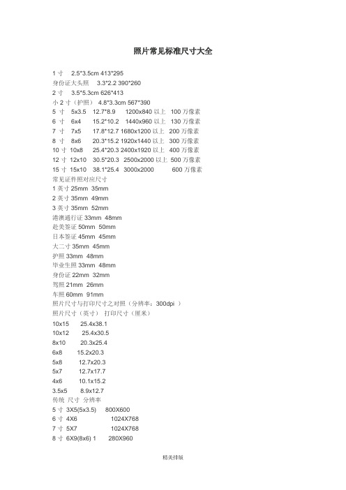 照片常见标准尺寸大全