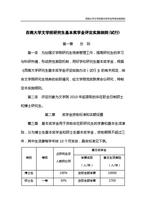 西南大学文学院研究生基本奖学金评定实施办法[2011.9.21]