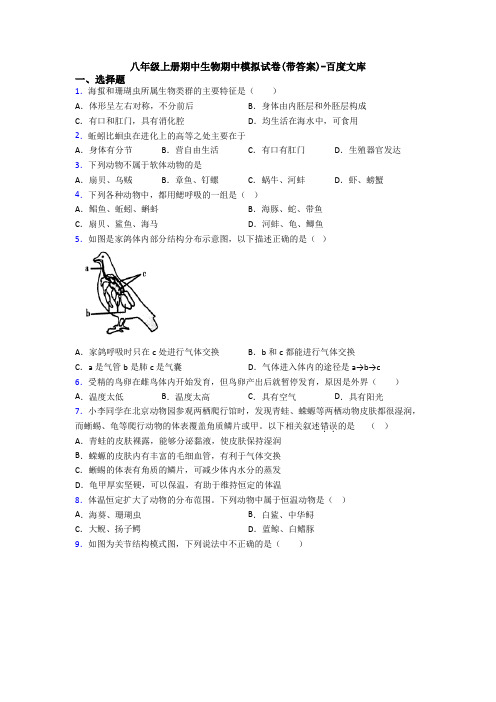 八年级上册期中生物期中模拟试卷(带答案)-百度文库