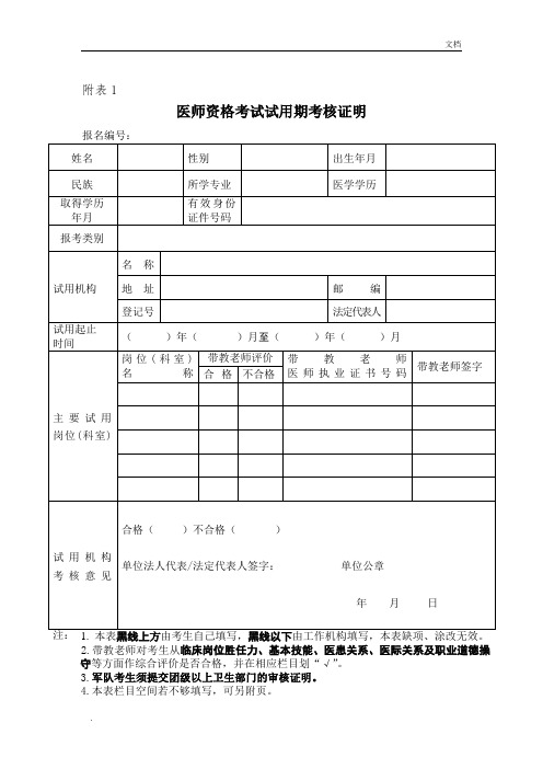 医师资格考试试用期考核合格证明