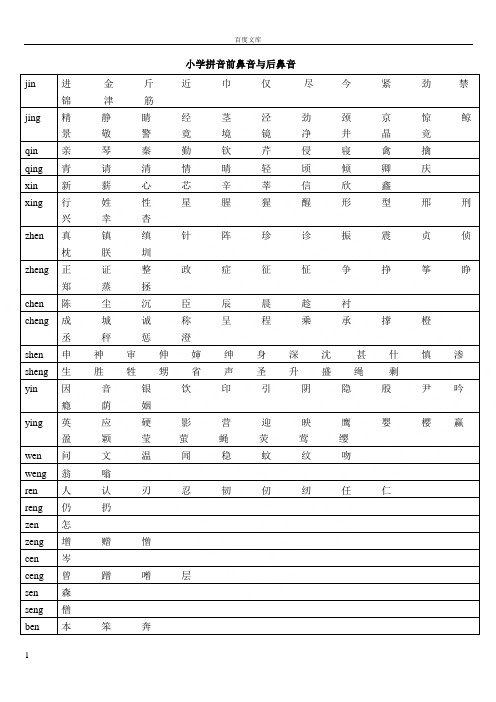 小学拼音前鼻音与后鼻音对照表