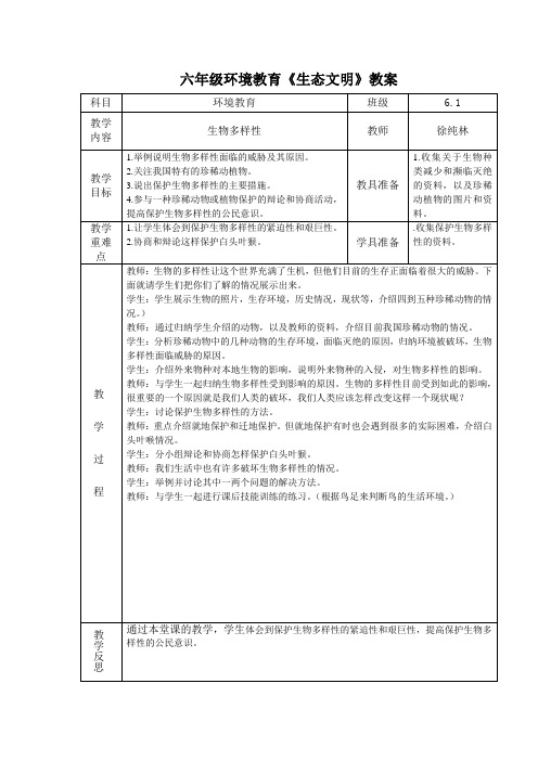 小学六年级环境教育教案