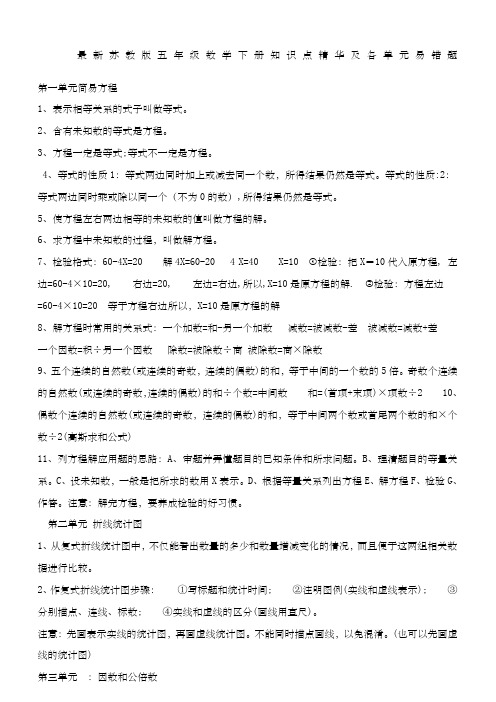 苏教版五级数学下册知识点精华及各单元易错题