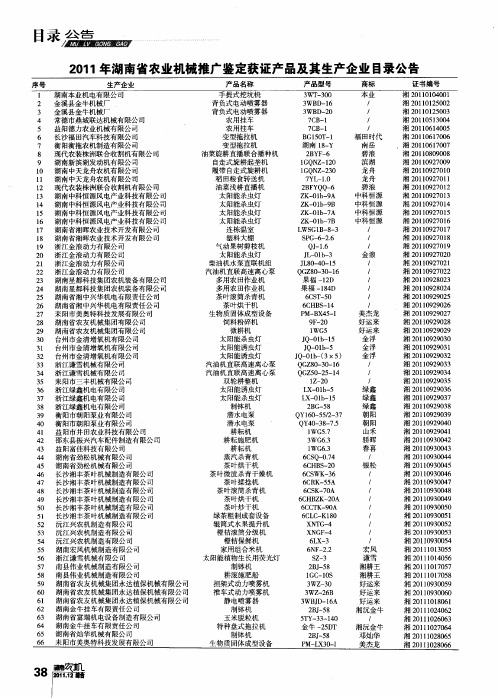 2011年湖南省农业机械推广鉴定获证产品及其生产企业目录公告