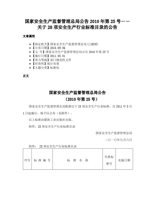 国家安全生产监督管理总局公告2010年第25号――关于28项安全生产行业标准目录的公告