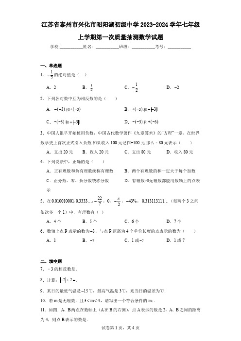 江苏省泰州市兴化市昭阳湖初级中学2023-2024学年七年级上学期第一次质量抽测数学试题 