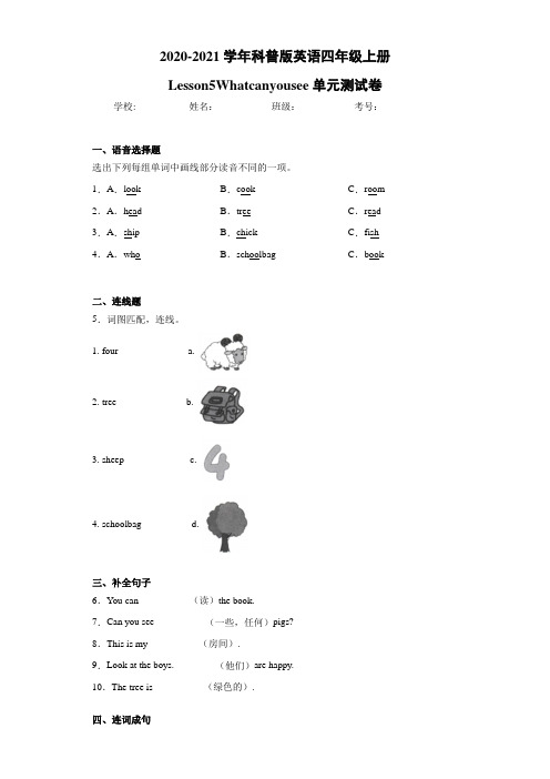 科普版英语四年级上册Lesson5Whatcanyousee单元测试卷