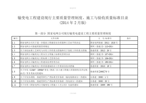 输变电工程建设现行主要质量管理制度施工与验收质量标准目录版