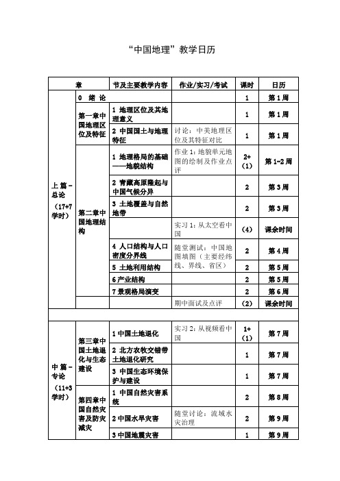 “中国地理”教学日历