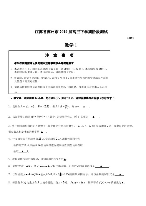 江苏省苏州市2019届高三下学期阶段测试数学试题(含参考答案)