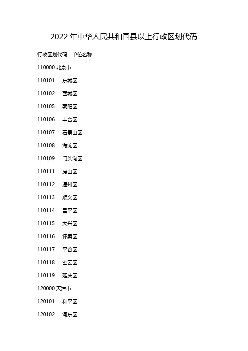 2022年中华人民共和国县以上行政区划代码